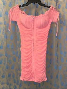 Pink Ruched Off-Shoulder Midi Dress